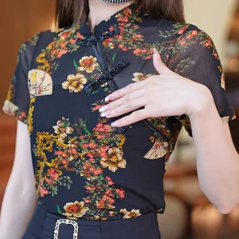 Винтажные пуговицы, футболка с воротником в китайском стиле, женские футболки с коротким рукавом и цветочной сеткой, тонкие футболки, размер M-3XL