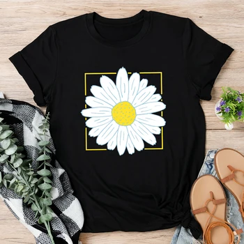 Женская мини-рубашка с коротким рукавом с цветочным принтом, минималистичная футболка с ромашкой, современный элегантный повседневный черный топ-секретарша с круглым вырезом, 2Xs-6Xl