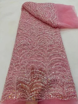 Африканская кружевная ткань с бисером 2022 5 ярдов Белого цвета Для свадебных платьев Высококачественный Дубайский сетчатый тюль с блестками Хрустальные бусины ручной работы