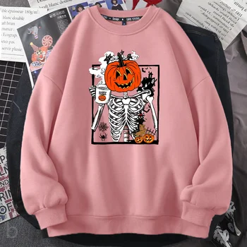 Толстовка со скелетом Тыквы для питья Кофе, женская толстовка с круглым вырезом на Хэллоуин, уличная одежда Harajuku, Женская одежда