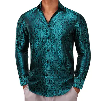 Роскошные рубашки с длинным рукавом для мужчин, шелковые сине-зеленые Бирюзовые цветочные Облегающие мужские блузки, Повседневные топы, дышащие Barry Wang