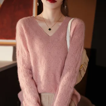 Осенне-зимний Новый женский свободный однотонный пуловер с V-образным вырезом из 100% чистой шерсти, сохраняющий тепло трикотажный свитер