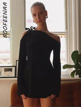 BOOFEENAA, черные мини-платья с асимметричной шнуровкой, осеннее женское элегантное платье с длинными рукавами и открытыми плечами, французский стиль C85-BZ20