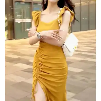 Имбирно-желтые плиссированные длинные юбки с разрезом, Уникальный дизайн, летящие рукава, Женские платья, обтягивающие Плотные ощущения, Летняя накидка на бедра