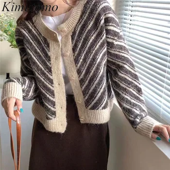 Kimutomo Винтажный Свободный контрастный свитер в полоску, женский элегантный свитер с круглым вырезом и одной грудью, Длинные рукава, Универсальный вязаный кардиган