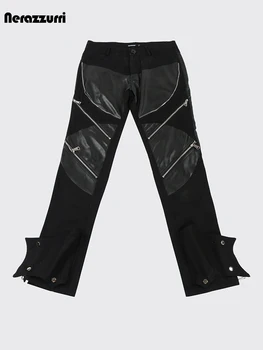 Нерадзурри, осень-зима, крутые длинные черные брюки из искусственной кожи в стиле пэчворк для женщин со множеством молний, роскошная дизайнерская одежда, брюки