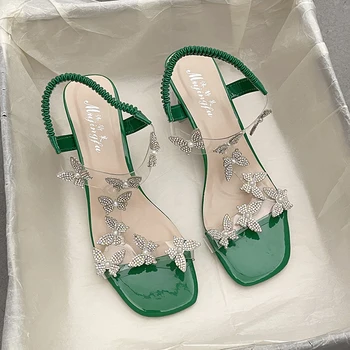 Зеленые босоножки на толстом каблуке со стразами, летние прозрачные римские туфли на высоком каблуке