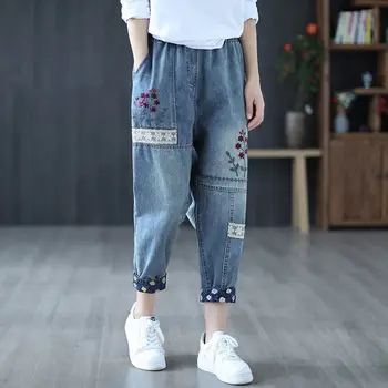 Джинсы весна/лето 2023, новые укороченные брюки с литературной винтажной вышивкой, женские свободные тонкие брюки Harlan