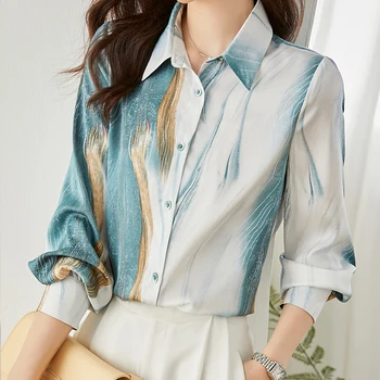 2023 Новая шифоновая летняя женская блузка, повседневные модные топы в простоте, рубашка с лацканами с длинными рукавами и принтом, соединяющаяся рубашка