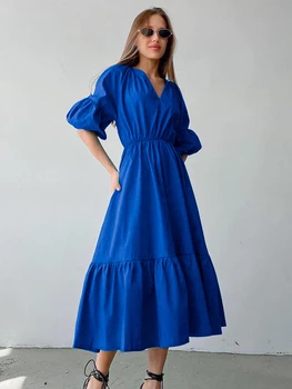 Новое синее женское платье Jastie Summer, Элегантное платье трапециевидной формы с пышными рукавами и высокой талией, длинные платья, модное простое женское платье с V-образным вырезом