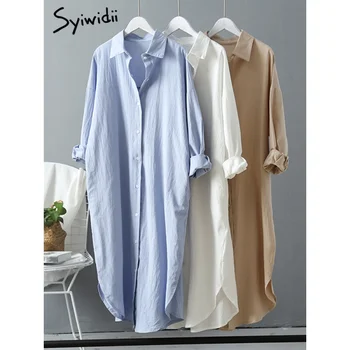 Длинное Белое платье-рубашка Syiwidii для женщин, хлопок 2023, весенне-летняя повседневная Корейская одежда, Винтажный халат Миди Оверсайз