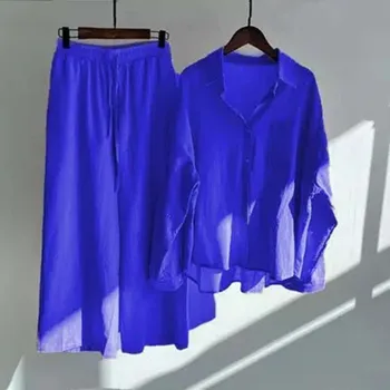 Весенний комплект женской одежды - рубашки на пуговицах с карманами и брюки на завязках, идеально подходящие для повседневного и шикарного образа
