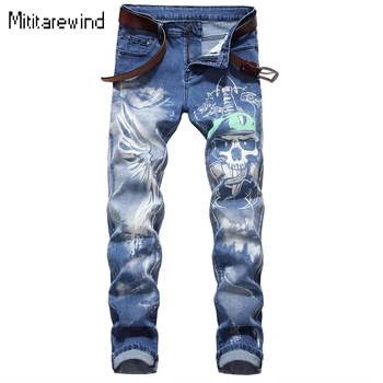 Синие джинсы с принтом, модные повседневные джинсы для уличной моды, мужские хлопковые брюки со средней талией, микро-стрейч, брюки полной длины, шикарные универсальные брюки