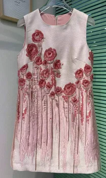 Высококачественное Новое Осеннее платье 2023 года, женские Винтажные Жаккардовые принты, Узоры в виде роз, Облегающее платье без рукавов, сексуальное платье выше колена