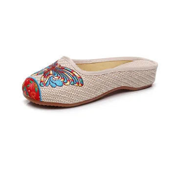 Женская тканевая обувь с цветочной вышивкой, холщовые тапочки, повседневные шлепанцы на плоском каблуке.