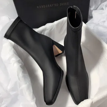 Женские ботинки, ботильоны из мягкой кожи на высоком каблуке, TRAF 2023, зимняя мода, женская обувь на заостренном каблуке, черный