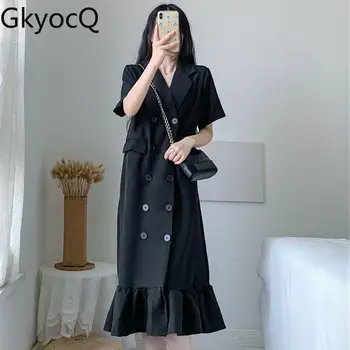 GkyocQ Летнее Корейское модное платье, новое двубортное платье для похудения, длинные платья с оборками и короткими рукавами, женская одежда