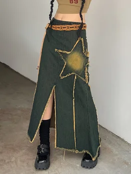 Джинсовая юбка Gyaru, юбка Макси со средней талией, Тонкая Повседневная винтажная однотонная юбка с пентаграммой, юбка-русалка с разрезом, женская одежда 2023 года