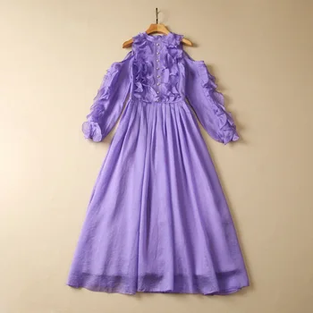 Европейская и американская женская одежда 2023, летнее новое платье с Открытыми плечами и длинным рукавом фиолетового цвета с оборками по краю, модное Плиссированное платье XXL