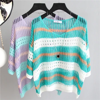 2023 Летний Цветной вязаный свитер в полоску большого размера, свободный ретро-пуловер, тонкая блузка, прямая поставка солнцезащитного крема