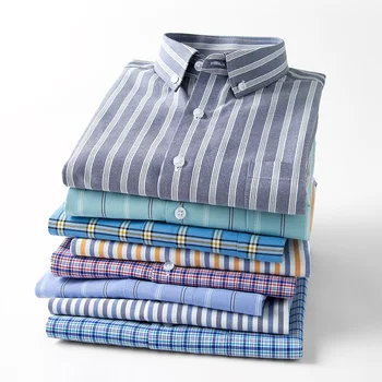 Новая полосатая деловая повседневная Оксфордская мужская рубашка с длинным рукавом из высококачественного чистого хлопка, мягкие и удобные мужские рубашки Slim Fit