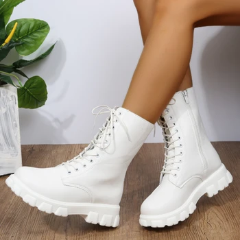 Женские ботинки 2023, Осенне-зимние Кожаные белые ботильоны, Мотоциклетные женские ботинки на толстом каблуке и платформе, Botas Mujer