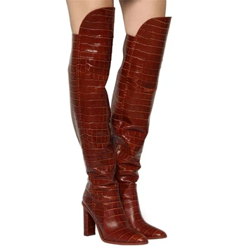 Новые сапоги выше колена из Крокодиловой кожи на блочном каблуке С застежкой-молнией, женские ботинки 