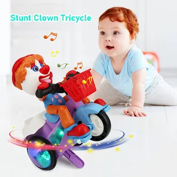 Забавный клоун-каскадер, трехколесный велосипед, Электрический Пластиковый мотоцикл, музыкальная подсветка, вращающиеся на 360 градусов Интерактивные игрушки для детей, подарки для малышей