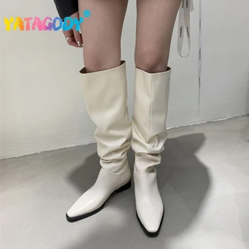 YATAGODY, Размер 35-39, женские сапоги до колена, Пикантные кожаные сапоги в складку с острым носком, зимняя обувь на массивном каблуке, Женские повседневные длинные сапоги
