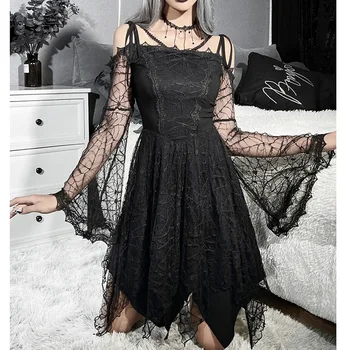 Хэллоуин Прохладный Готический Черный Паук Кружевное Платье с Высокой Талией для Женщин