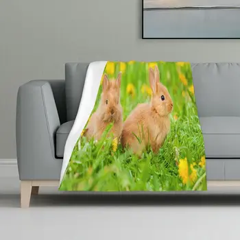 Одеяло с кроликом и одуванчиком, два крольчонка, сидящие на траве, одеяло, кровать, диван, путешествие, кемпинг
