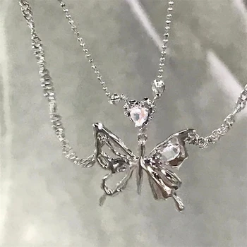 Винтажные аксессуары Y2K, эстетическое ожерелье с бабочкой для женщин, хип-хоп, Kpop, ожерелья с двойной цепочкой в виде сердца, украшения для девочек