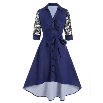 Темно-синее винтажное женское платье с цветочной кружевной вставкой, поясом, отложным воротником на пуговицах, высоким низким Миди Jurken