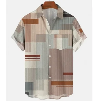 2022 Мужские рубашки Повседневные полосатые топы с гавайским принтом, рубашки с короткими рукавами и отворотами, летние мужские рубашки Harajuku 5xl