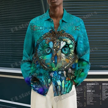 Осенняя Новая Социальная Мужская Рубашка С Отложным воротником И Рисунком Совы С 3D Принтом, Модная Мужская Рубашка на Пуговицах С Длинным Рукавом CXS47