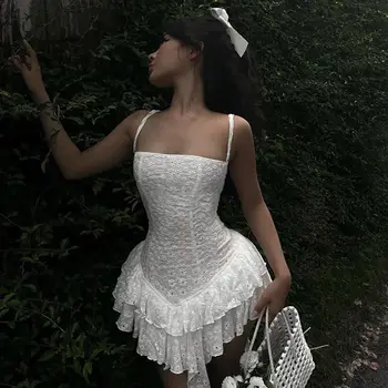 Мини-платье, белая летняя кружевная комбинация, Винтажные Сказочные летние цельнокроеные Элегантные женские вечерние платья с принтом и открытой спиной для женщин 2023 г.
