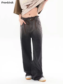 Шикарные женские джинсы, популярные брюки из потертого денима в стиле харадзюку в американском стиле ретро, универсальные летние кисточки контрастного уличного цвета