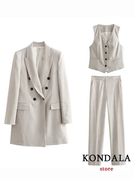 Винтажный однотонный бежевый офисный женский костюм KONDALA, шикарный роскошный блейзер с длинным рукавом, тонкий жилет без рукавов, широкие брюки с высокой талией