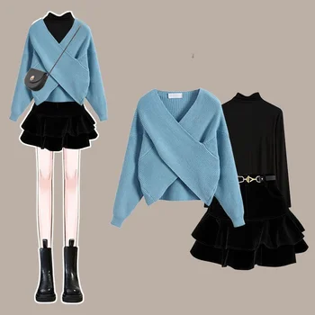 Женская одежда сезона Весна-осень 2023, Новый Корейский модный свитер, тонкая нижняя рубашка, Универсальная юбка-полукомбинезон, комплект из трех предметов
