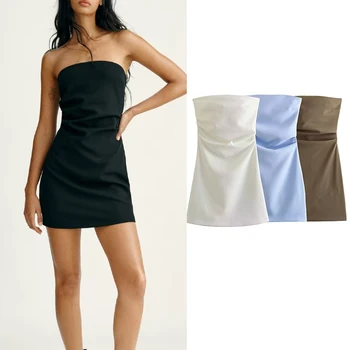 Черное женское платье-корсет TRAF, короткое женское платье с рюшами, сексуальные платья с открытой спиной для женщин 2023, женские вечерние платья с открытыми плечами