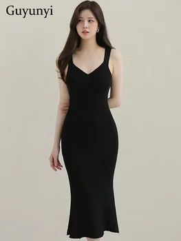 Эластичное трикотажное платье для улицы, летнее Черное облегающее минималистичное платье на подтяжках с квадратным вырезом без рукавов, Элегантное вечернее платье-пуловер для женщин