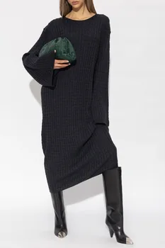 Высококачественное женское шерстяное трикотажное платье Макси со свободным рукавом и круглым вырезом, Элегантное женское универсальное длинное платье-пуловер