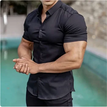 Мужские черные рубашки, летние мужские однотонные удобные блузки с короткими рукавами, повседневный спортивный однобортный мужской топ-рубашка Slim Fit